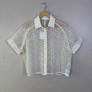 Love Binetti Sofie Top Women Small Ivory Sheer Lace Floral Boxy Button Up Boho